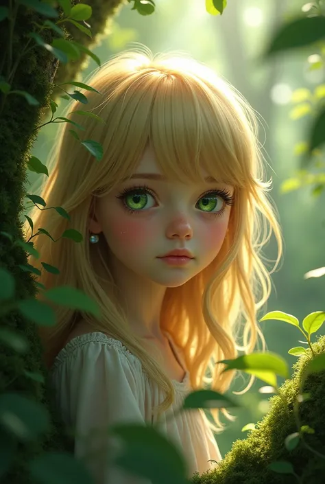 a blonde teenage girl with green eyes in a forest with pretty green eyes behind half transparent