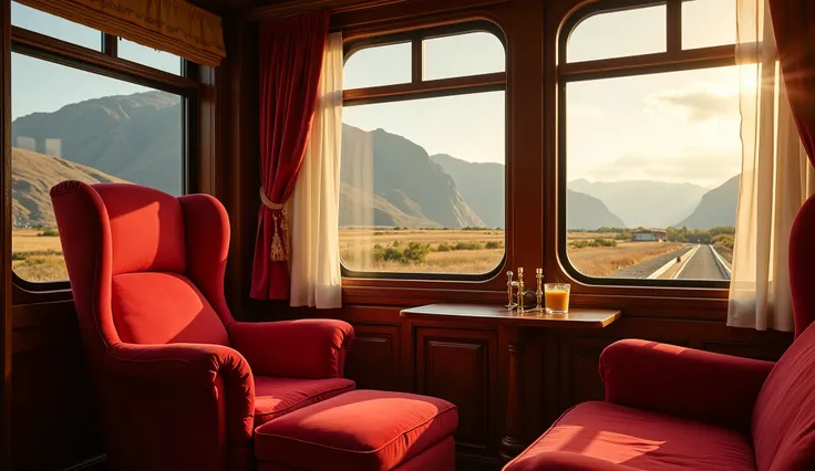 There is a red chair with a red cushion in front of a window, seated in royal ease, train window, comfortable atmosphere, inside the train, inside a grand, red velvet furniture, afternoon sunshine, stunning scenery, evening sunlight, inspired by Ernest Buc...