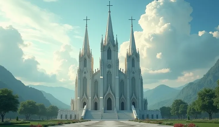  A large evangelical Christian church fixed to the ground,  surrounded by white clouds ,  and a glow coming from the bluish skies ,  green garnet floor and mountains in the background .