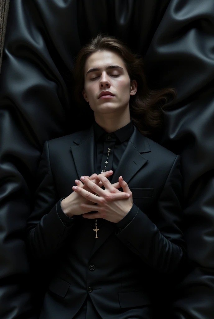 Dead young man very long hair barefoot dressed in shiny satin black suit eyes closed mouth closed hands folded on chest holding rosary lying in satin casket in funeral home top view