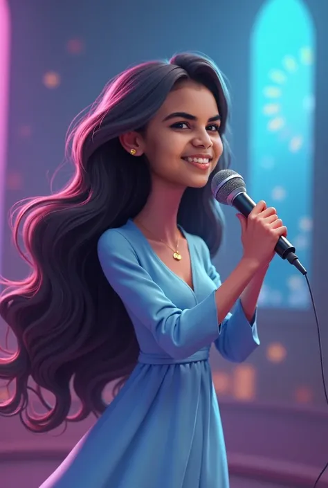  create a 3D Disney Pixar illustration of a 35-year-old woman  ,  long and wavy hair she wears a light blue dress long sleeves,  she holds a microphone in her hand and sings with her eyes closed , In the background the setting is of an 8k image church 