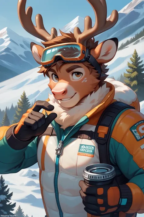 score_9,score_8_up,score_7_up, cartoon font, furry font, anthropomorphic, countershading, reindeer boy, brown hair, ((thermal explorer suit, snow goggles)) on a snowy mountain