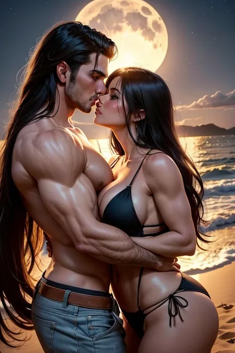 2 people Sexy handsome masculine man kissing aSexy suntanned girl with very long down loose hair on the beach at night under the moon, large breasts huge muscles huge breasts