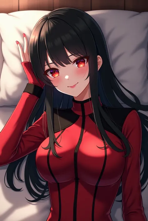 Woman with straight black and long hair , with bangs. He has slanted red eyes and has a cheerful expression.. He wears a red and black uniform ,  with an elegant model style and lying on a bed.