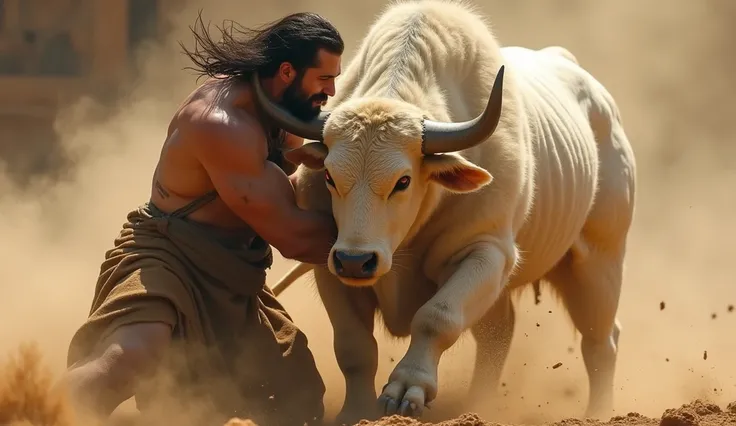 "Hercules, his lion-skin cloak tattered and his body covered in dirt and sweat, locks his arms around the white Cretan Bull’s neck, using his immense strength to drag the beast to the ground. The bull’s brilliant white fur glows even through the dust that ...