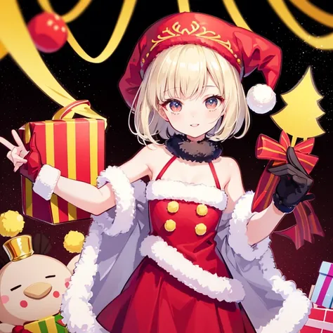 masterpiece , best quality, lineart, 1girl, solo,20 years old, (kemomimi:1.2)  , flat chest , short hair  , bronde hair ,  black eyes, hair between eyes,smile, cheerful , enjoy , happy, big eyes, parted lips, upper body, from front, santa costume, red and ...