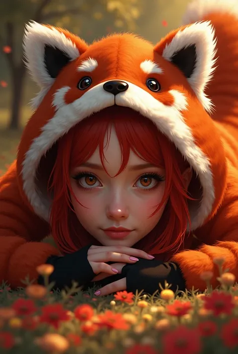 A red-haired woman with brown eyes, soft facial features ,  lying face down in a lush fall garden , wearing a sexy red panda costume ,  showing her natural charm and mysterious personality