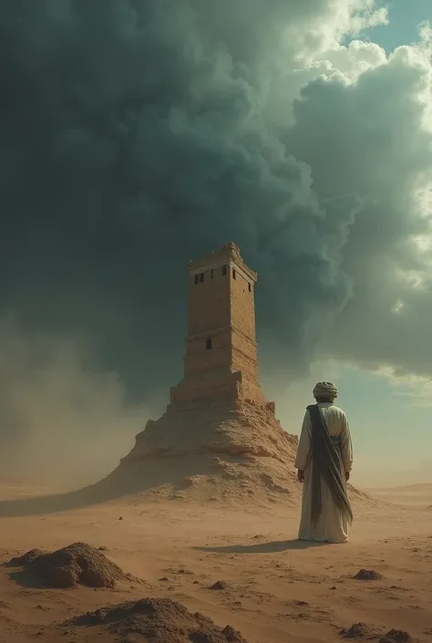 A grave made of dust in the desert. The weather is stormy and a person is standing in front of the grave wearing an old Arabic dress wearing a turban