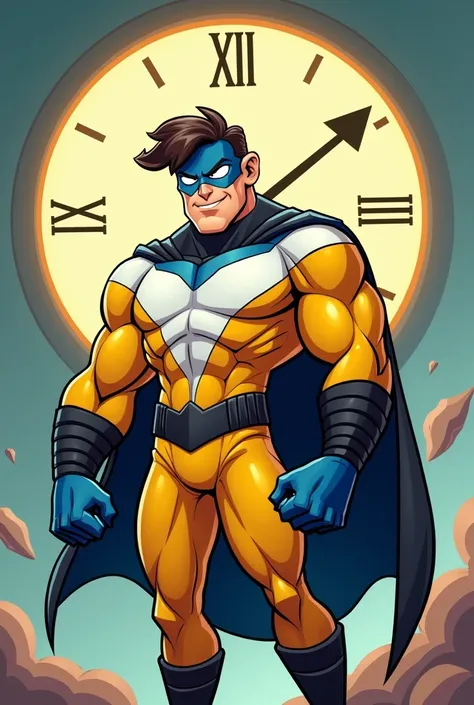  Make me a superhero man a bit muscular from a cartoon but not too badass and stylish who has a blue mask but can see his ears and his hair who has a yellow and white suit who has a yellow and white suit who has black bracelets on these 2 not too big wrist...