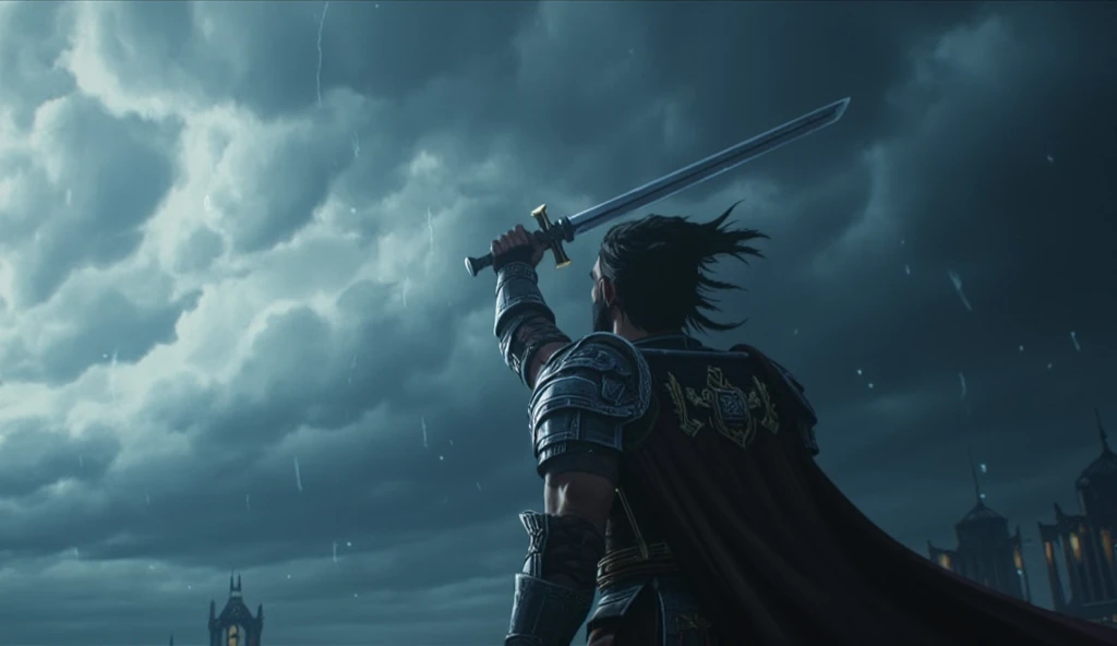 ((masterpiece)) ((photography)) ((Highest quality))  2D Anime style, a dramatic, low-angle view of the king as he stands at the cliff’s edge, rising his sword to the sky, facing and defying an oncoming storm. His expression is resolute, his dark beard blow...