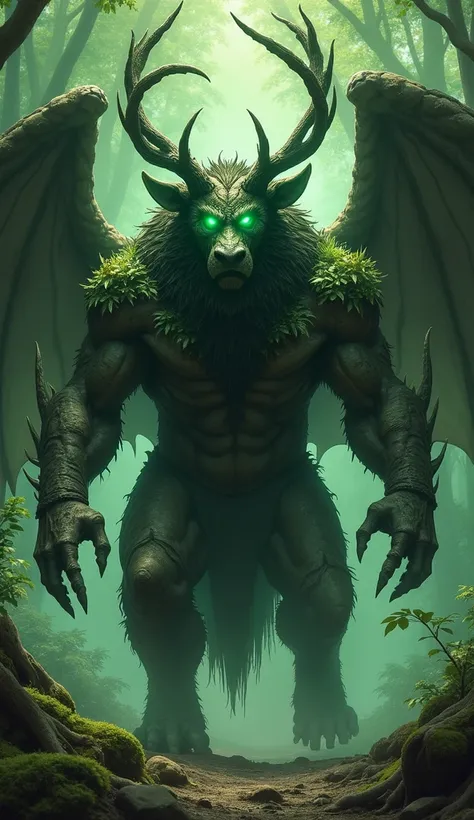 Create a mythical creature that embodies the power of the ancient forests. It should be massive and covered in bark-like armor, with eyes glowing green like emeralds. The creature exudes an aura of wisdom and ferocity, with antlers made of twisting roots a...