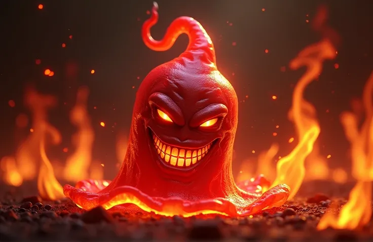 condom with diabolic smile, red, heated, engulfed in flames