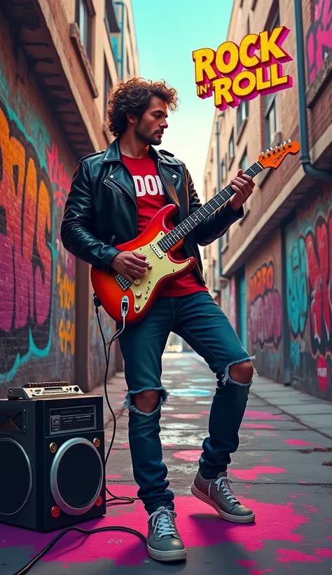  Create vibrant streetscapes inspired by 80s rock n roll culture . Features a man wearing a black leather jacket, red t-shirt with the inscription "Don", wearing ripped dark blue jeans , playing guitar confidently down an alley strewn with graffiti.  Surro...