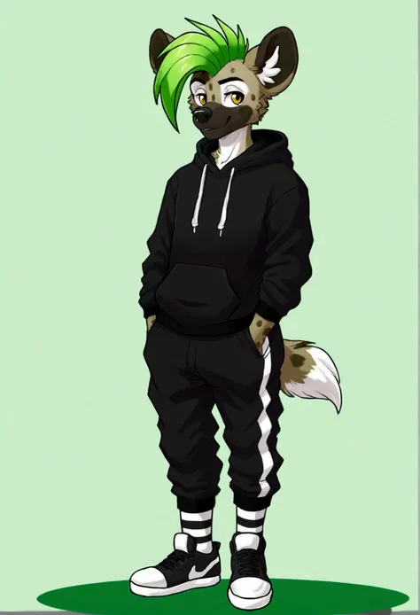 Generate a hyena fursona wearing a black hoodie, black sweat pants that go above his black shoes. Make his socks have a black and white horizontal stripe pattern. Also make him feminine. he should have green mohawk 