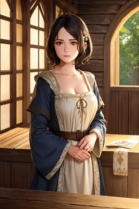 A pretty medieval woman, short dark hair, innocent expression, herbalist, simple robes, cottage interior, detailed face, detailed eyes, detailed lips, highly detailed, masterpiece, photorealistic, 8k, dramatic lighting, warm color palette, natural sunlight...