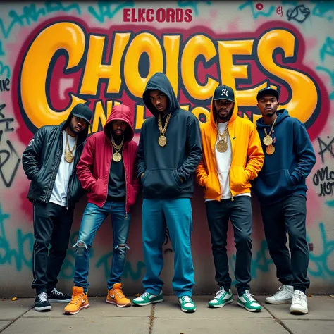  An artistic RAP album cover featuring a rip hop group in iconic urban rap costumes ,  including a hoodie , cap, Chains and sneakers , some dancing break ,  others standing against a graffiti wall . The graffiti features dynamic and bold letters with the v...