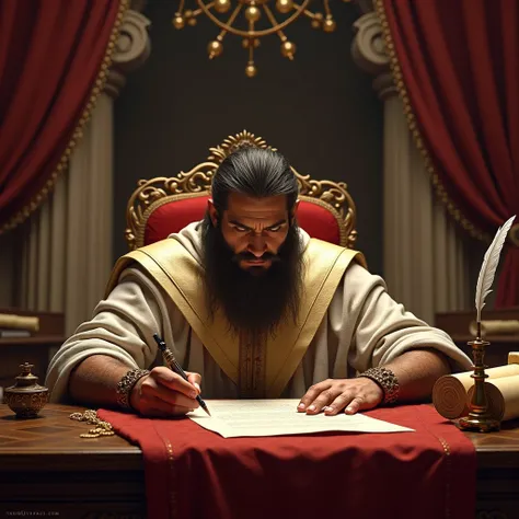 " A king writing a letter in his palace , in Jerusalem with a serious and determined expression.  Scenery of a royal office with scrolls, ink and pen ."