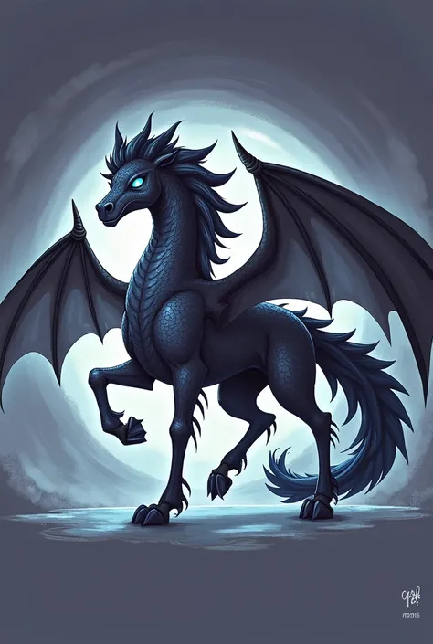 Hybrid of kelpie & dragonraven, glowing cyan eyes, drawing style