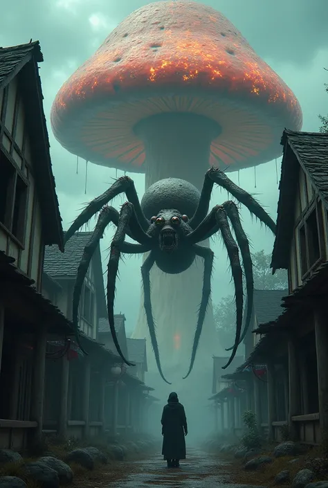 You are walking in a strange villages and find a really horrible spider up on a giant mushroom with interesting colors.
