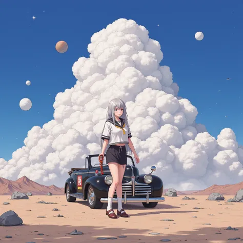 A beautiful Japanese girl wearing a sailor suit stands in front of a large black American car from the 1940s. She is crying,She is wearing a black miniskirt. She is wearing white socks. She has a heat ray gun. She wears fashion from luxury brands. She is w...