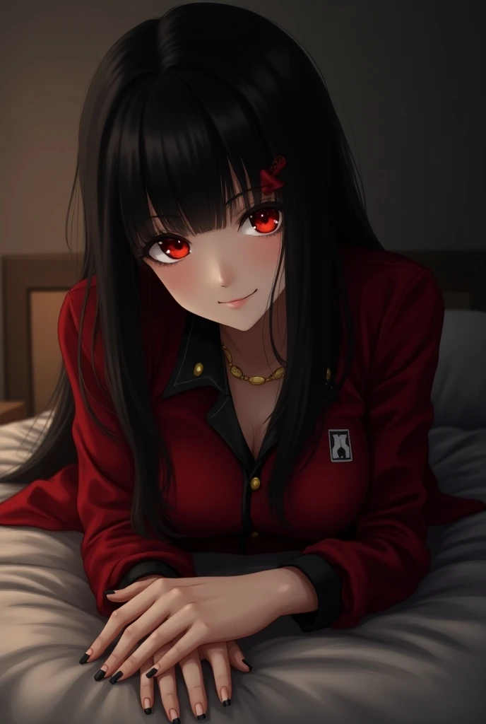 Woman with straight black and long hair , with bangs.  He has slanted red eyes and has a cheerful expression. He wears a red and black uniform ,  with an elegant model style and lying on a bed. Death note screenshot.