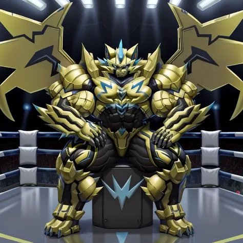 (ZERAORA, 8K), (Zeraoras giant robot, Powered exoskeleton with the same design as Zeraora), (Masterpiece, highres) (Detailed head, Detailed Body, Detailed abs, full body) (gigantic muscles, Gigachad Muscular, big muscle, pecs, triceps, traps, unusually dev...