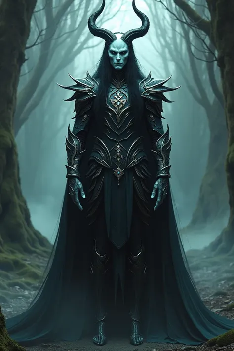 A wraith fae king with four horns on the head, long black hair, muscular, luminous skin in armour