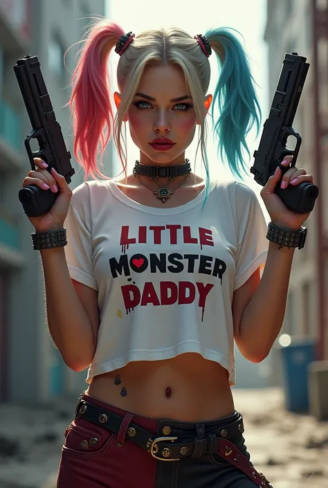 A girl like Harley Quinn but wearing the white Little Monster Daddy t-shirt with guns in her hand