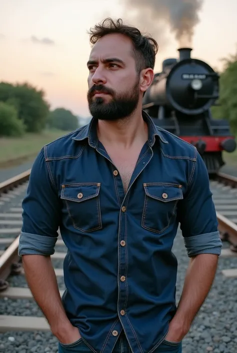 a white man, muscular, 3, with a defined beard, He wears a well-fitting dark blue denim shirt that highlights his toned physique.. He stands next to an old working railway, with steam locomotives puffing smoke in the background as the rails stretch to the ...