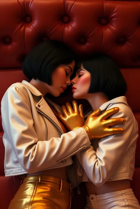 obra prima, melhor qualidade, ((two mexican teens, bob hairspray hair,)) ((((wearing pearl-white wetlook foil biker jacket, super pointed shoulders,)))) gold foil gloves, ((((reclining on leather couch, noses touching, expression of orgasm,)))) ((((reachin...