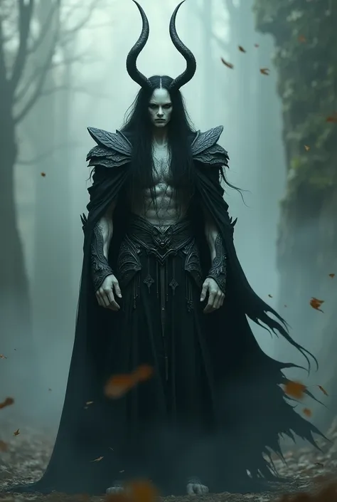 A wraith fae king with four horns on the head, long black hair, muscular, luminous skin in armour, soft looking face 