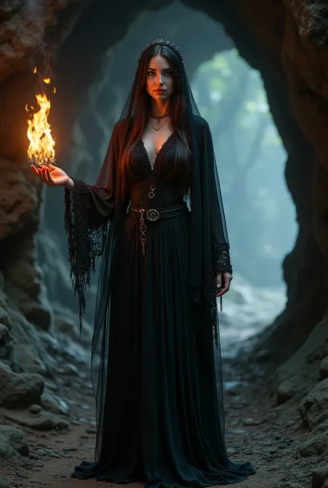  Woman with a long tunic and a black lace veil. She has penetrating light eyes . Look forward to the camera with a burning torch hand .  Scenario the entrance to a dark cave and a path illuminated by torches can be seen inside the cave 
