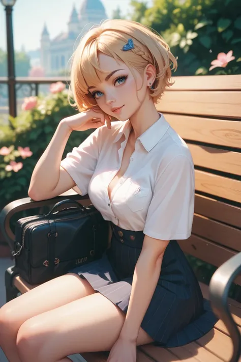 a girl with short blond hair ,  looks at you from a bench in a square