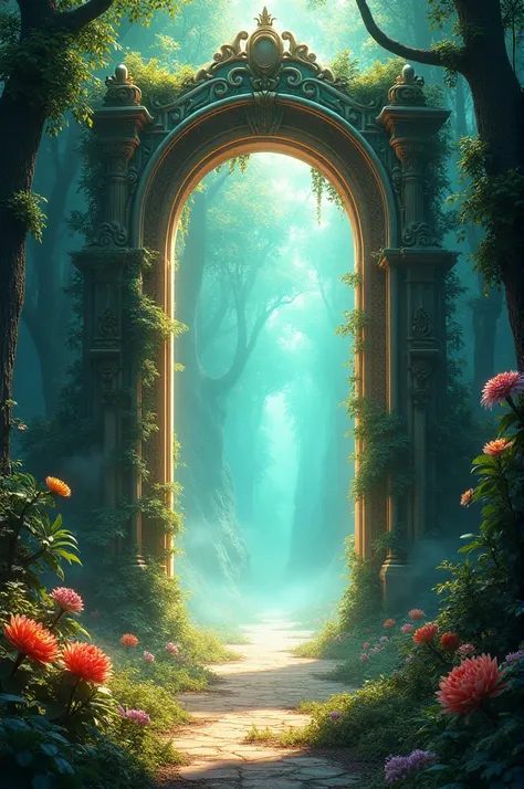 An image with a magnificent and bright portal with several branches of plants 