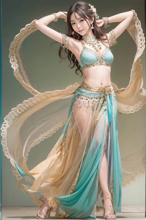 picture-like quality 、 sheer dress with a thin and tight waist, is wearing a belly dance costume,   she's dressing a belly dance...