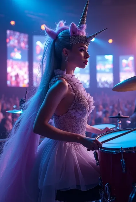  beautiful and sexy european female drummer dressed in a unicorn cosplay and shes in the midst of drumming on a stage while she is surrounded by many glowing screens with cheering crowds. 