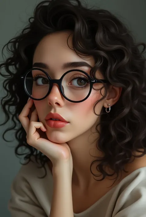  A white woman who wears glasses with curly curly hair ,  round face,  thick eyebrows and a scar along the top of the right eyebrow, round nose at the tip with a height of 1 , 70 and 70 kg and slightly large lips and medium almond-shaped eyes  