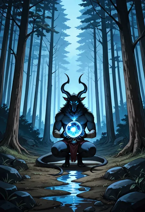 an artist depicts a large glowing orb in a dark, foggy forest with the head of an unidentified creature sticking out, 