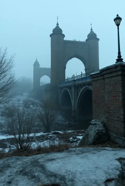 Panorama: Old bridge (Victorian era), destroyed by time and erosion; seen on a frosty morning, covered in snow, very foggy; it still has a lamp lit, despite the massive destruction around it; gloomy, desolate panorama