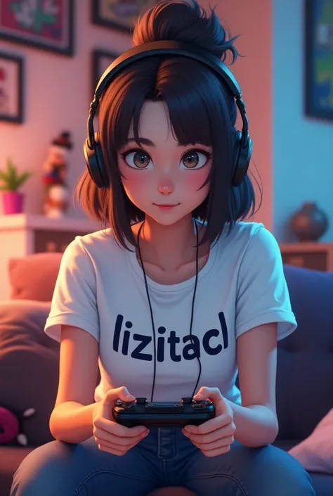 A gamer girl in a white shirt that says LizitaCL and a play control in her hands 