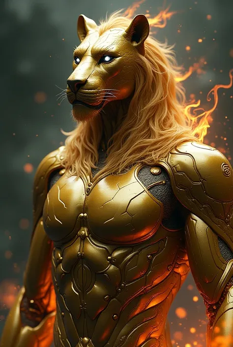 Generate a suspab  AI image for my ebook cover mix with power of air,water and fire so it should be a unique image with a unique metal of gold body attached AI head with white eyes and chest should be shape of lion