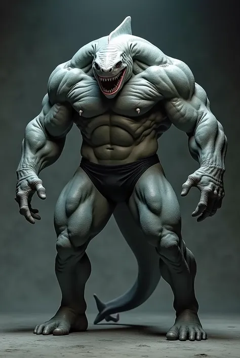 Shark with human body muscular and strong body, body with shark skin, humanoid