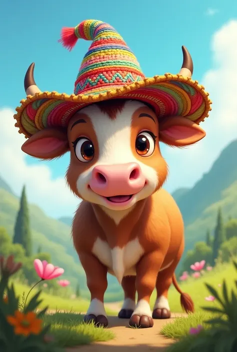 Give me a drawing of a cow with a hat from Sao Camba from Bolivia 