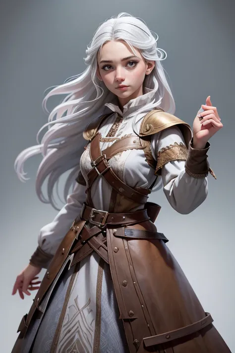 Young woman, campesina medieval "The Chronicles of Narnia",  gray and brown shreds,  blue eyes , white hair , dynamic position,  safe expression, Iluminación natural,  plain white background , without patterns, No textures.