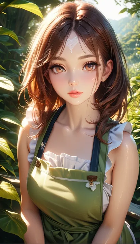 a young girl wearing an apron, detailed facial features, beautiful eyes, long eyelashes, delicate lips, porcelain skin, warm lighting, vibrant colors, natural scenery, lush greenery, photorealistic, highly detailed, 4k, masterpiece