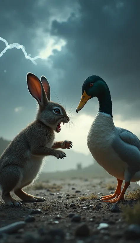 "Create a vivid and intense scene where a rabbit and a duck are face-to-face, both consumed by fury. The rabbit stands upright on its hind legs, its fur bristling with tension, ears pinned back, and its sharp teeth bared in a snarl. Its claws are extended,...