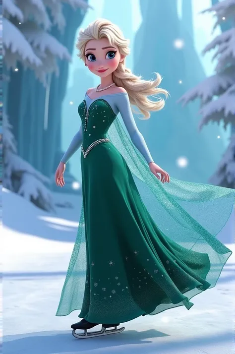 3d pixar disney princess ELSA FROZEN wearing green velvet gown with white pearl necklace skating on snow in her 3d pixar snow palace garden