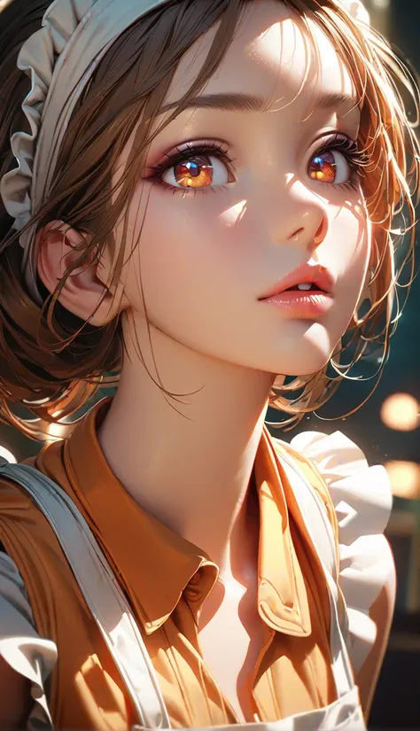 1girl, apron, beautiful detailed eyes, beautiful detailed lips, detailed face, longeyes, intricate details, cinematic lighting, dramatic lighting, vibrant colors, warm color palette, hyperrealistic, 8k, highly detailed, masterpiece, photorealistic, hyper d...