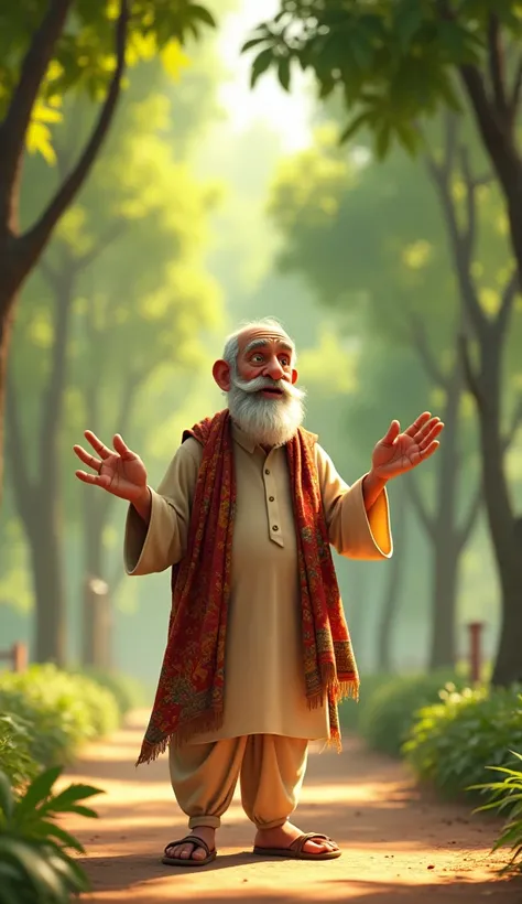 a pakistani 60 years age old man, traditional dressing, standing, talking with pointing the hands, park in background, disney pixar style image
