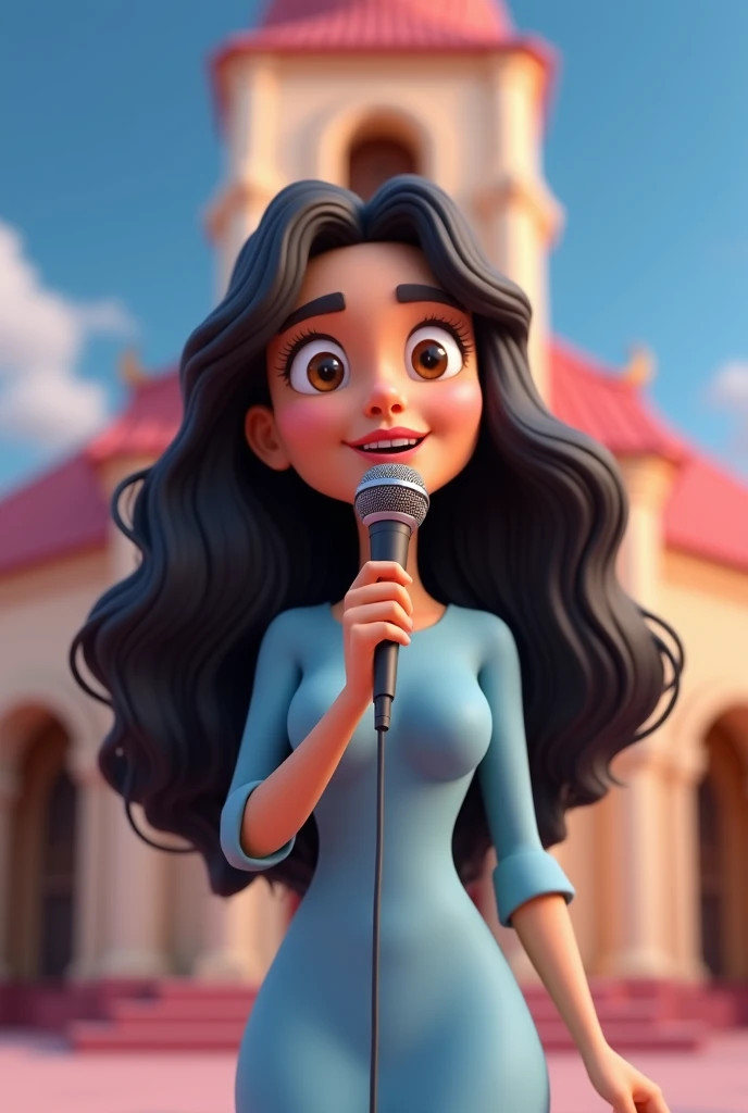 Create a 3d cartoon illustration of a 35-year-old woman with brown color  , long wavy black hair she wears a light blue long sleeve dress, She holds a microphone in her hand and sings with bright brown almond-shaped eyes, In the background the setting is o...